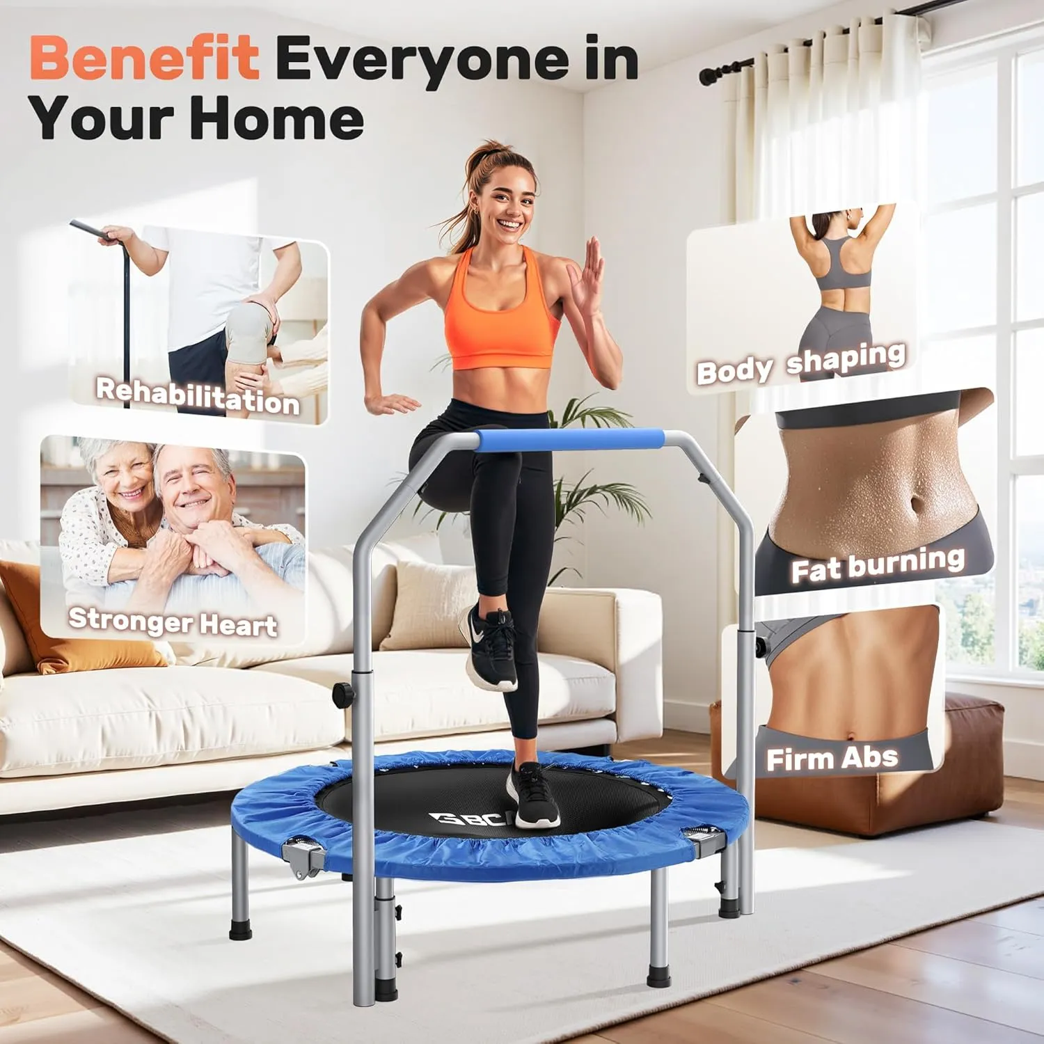 BCAN 40/48" Foldable Mini Trampoline Max Load 330lbs/440lbs, Fitness Rebounder with Adjustable Foam Handle, Exercise Trampoline for Adults Indoor/Garden Workout