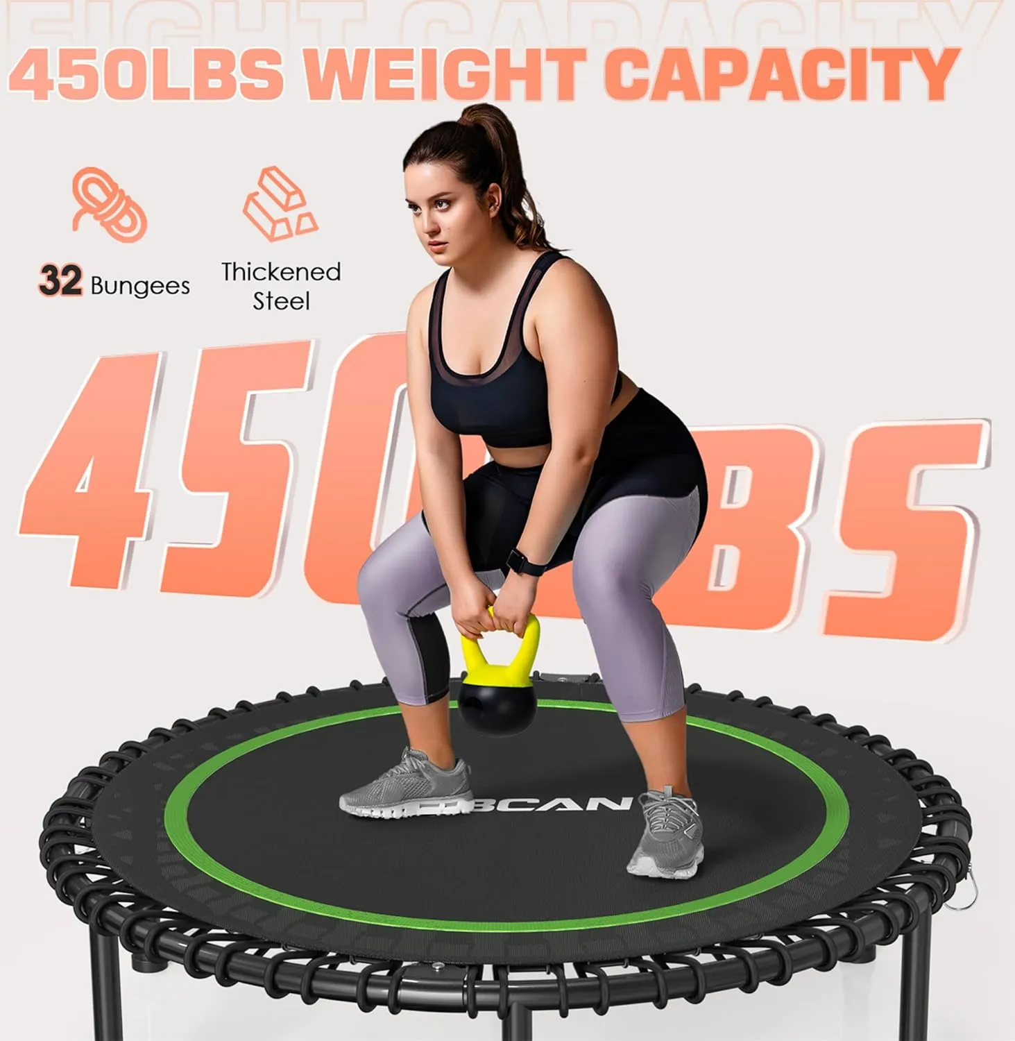 BCAN 450/550 LBS Foldable Mini Trampoline, 40"/48" Fitness Trampoline with Bungees, U Shape Adjustable Foam Handle, Stable & Quiet Exercise Rebounder for Adults Indoor/Outdoor Workout