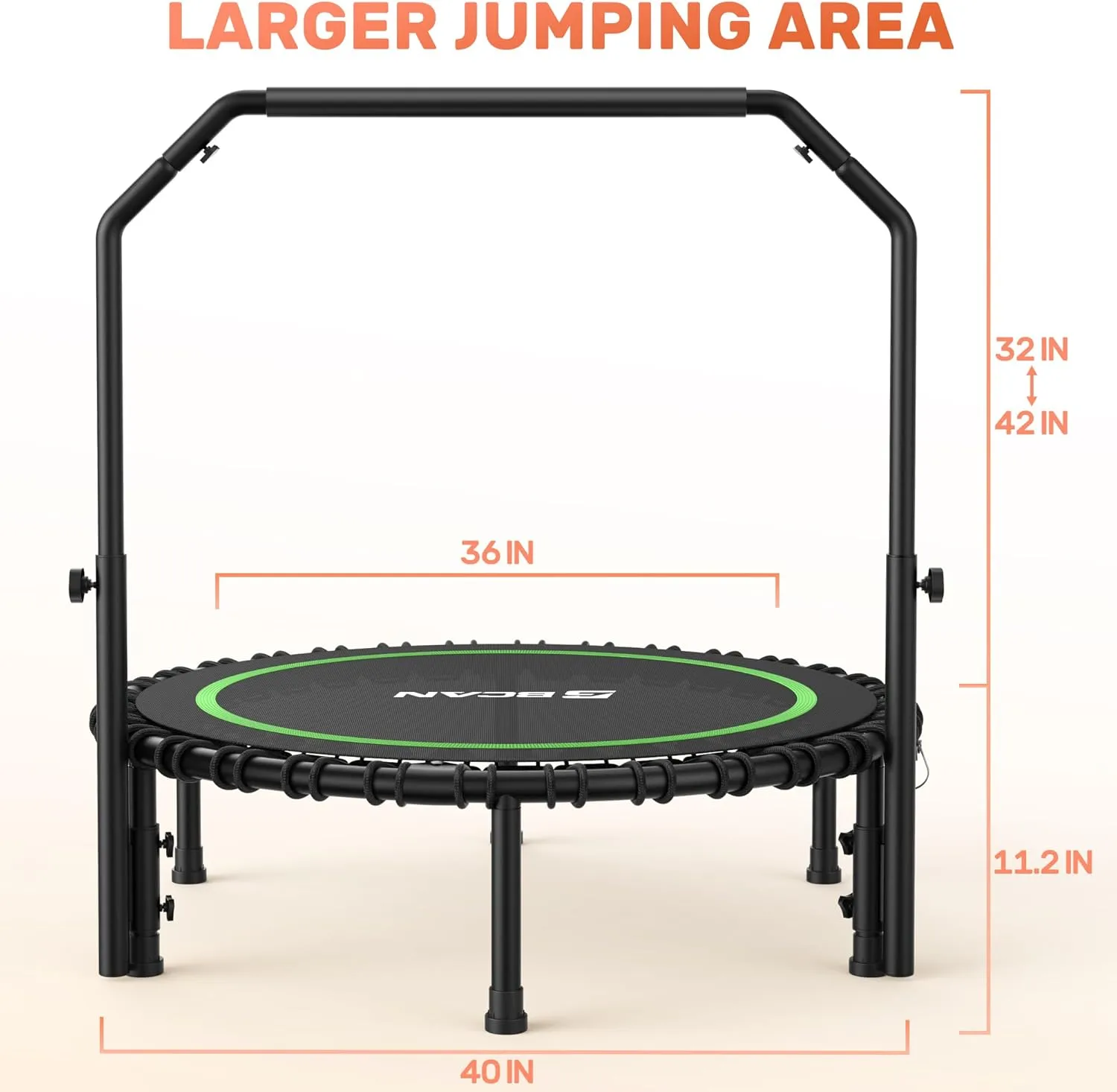 BCAN 450/550 LBS Foldable Mini Trampoline, 40"/48" Fitness Trampoline with Bungees, U Shape Adjustable Foam Handle, Stable & Quiet Exercise Rebounder for Adults Indoor/Outdoor Workout