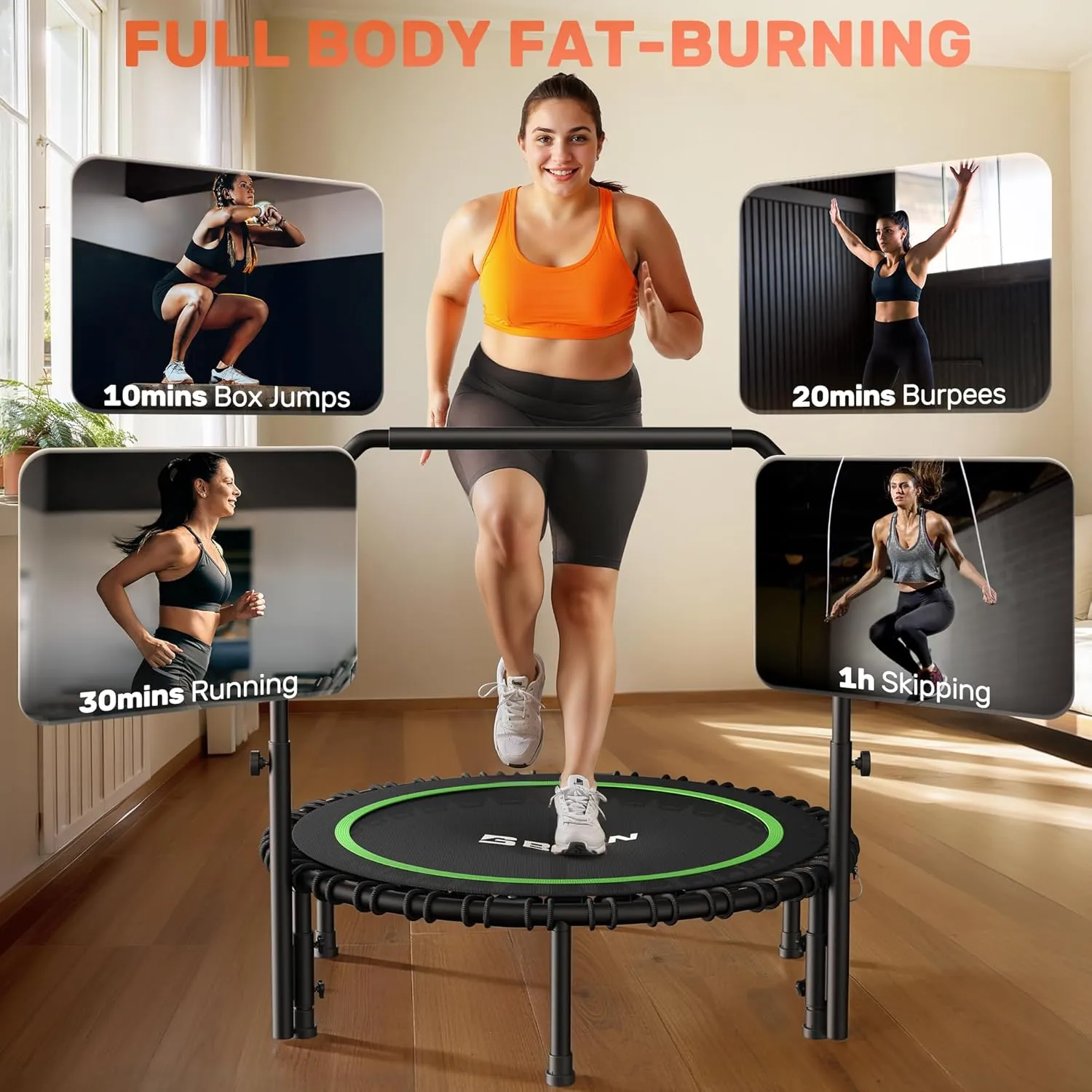BCAN 450/550 LBS Foldable Mini Trampoline, 40"/48" Fitness Trampoline with Bungees, U Shape Adjustable Foam Handle, Stable & Quiet Exercise Rebounder for Adults Indoor/Outdoor Workout