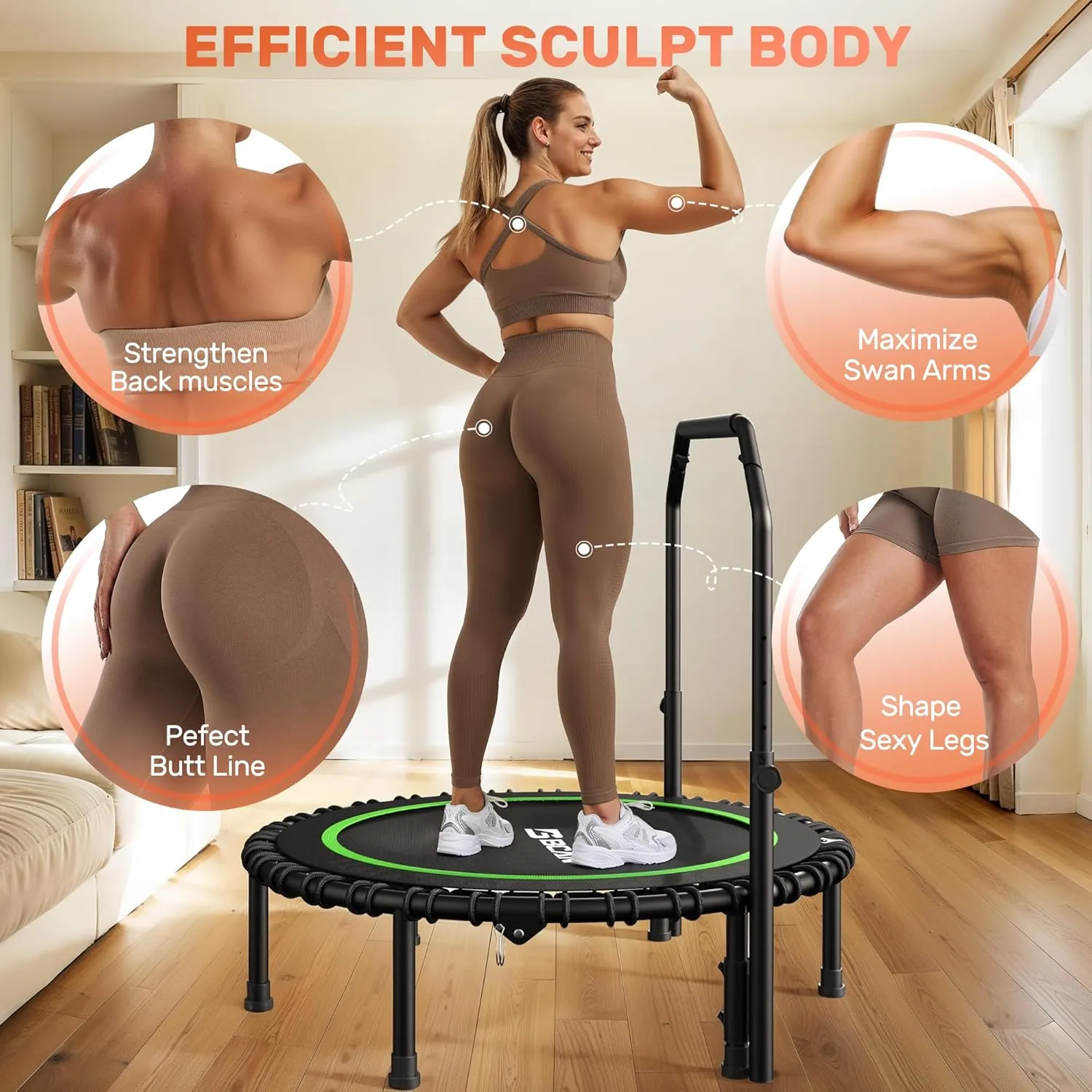 BCAN 450/550 LBS Foldable Mini Trampoline, 40"/48" Fitness Trampoline with Bungees, U Shape Adjustable Foam Handle, Stable & Quiet Exercise Rebounder for Adults Indoor/Outdoor Workout
