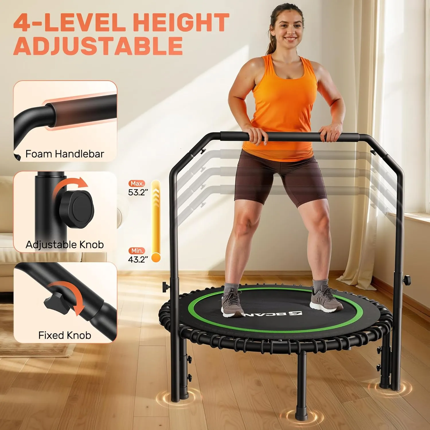 BCAN 450/550 LBS Foldable Mini Trampoline, 40"/48" Fitness Trampoline with Bungees, U Shape Adjustable Foam Handle, Stable & Quiet Exercise Rebounder for Adults Indoor/Outdoor Workout