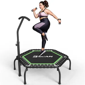 BCAN 48"/51" Mini Hexagon Trampoline, Max Load 450 LBS Fitness Trampoline with T-Adjustable Handle Bar, Silent Bungees, Larger, More Stable, Quieter Exercise Rebounder for Adults Indoor/Garden Workout
