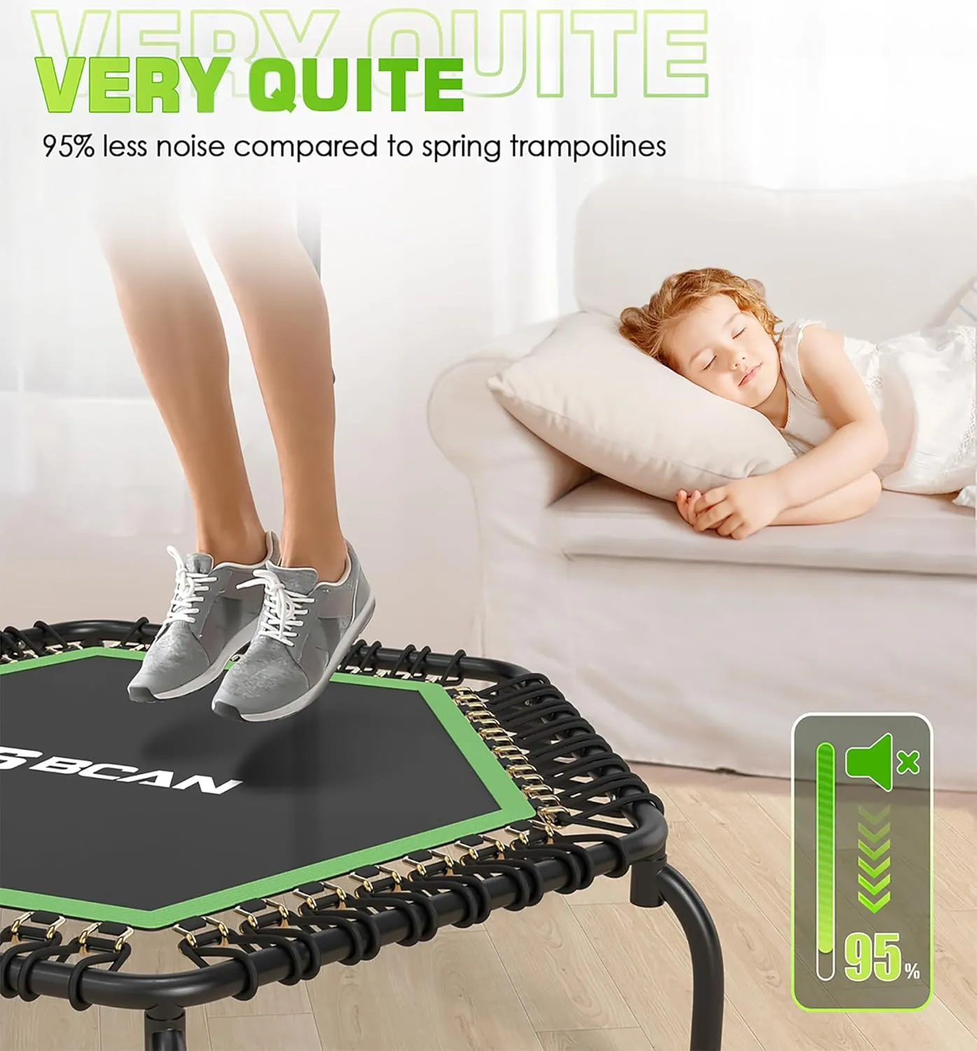 BCAN 48"/51" Mini Hexagon Trampoline, Max Load 450 LBS Fitness Trampoline with T-Adjustable Handle Bar, Silent Bungees, Larger, More Stable, Quieter Exercise Rebounder for Adults Indoor/Garden Workout