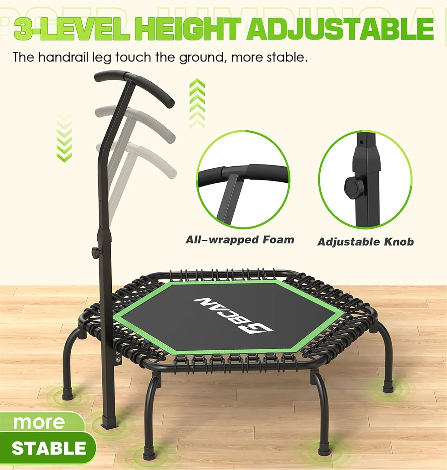 BCAN 48"/51" Mini Hexagon Trampoline, Max Load 450 LBS Fitness Trampoline with T-Adjustable Handle Bar, Silent Bungees, Larger, More Stable, Quieter Exercise Rebounder for Adults Indoor/Garden Workout