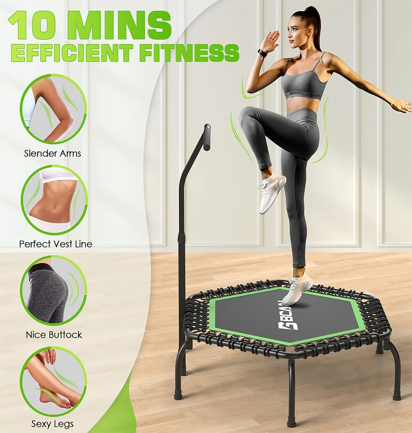 BCAN 48"/51" Mini Hexagon Trampoline, Max Load 450 LBS Fitness Trampoline with T-Adjustable Handle Bar, Silent Bungees, Larger, More Stable, Quieter Exercise Rebounder for Adults Indoor/Garden Workout
