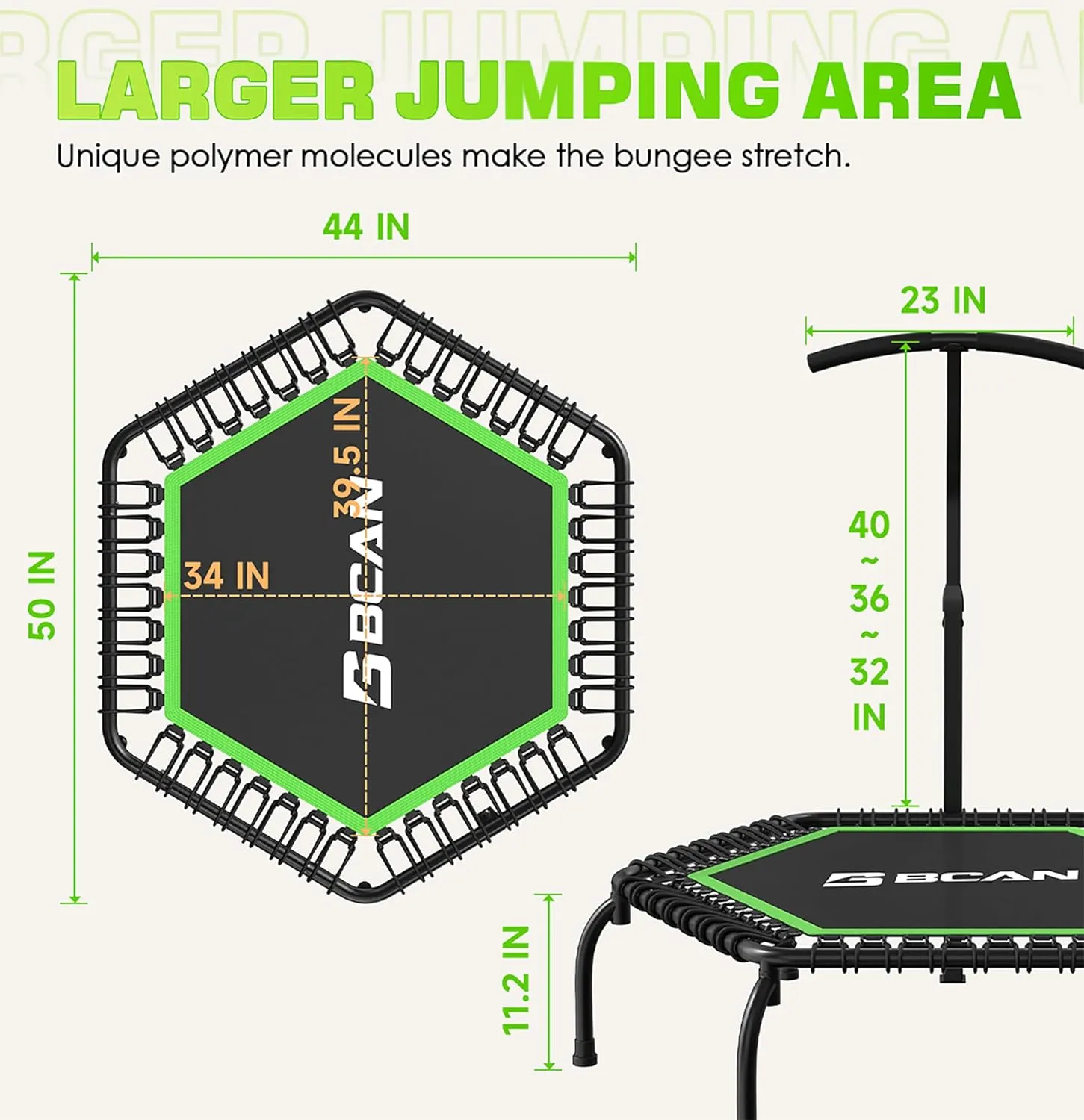 BCAN 48"/51" Mini Hexagon Trampoline, Max Load 450 LBS Fitness Trampoline with T-Adjustable Handle Bar, Silent Bungees, Larger, More Stable, Quieter Exercise Rebounder for Adults Indoor/Garden Workout