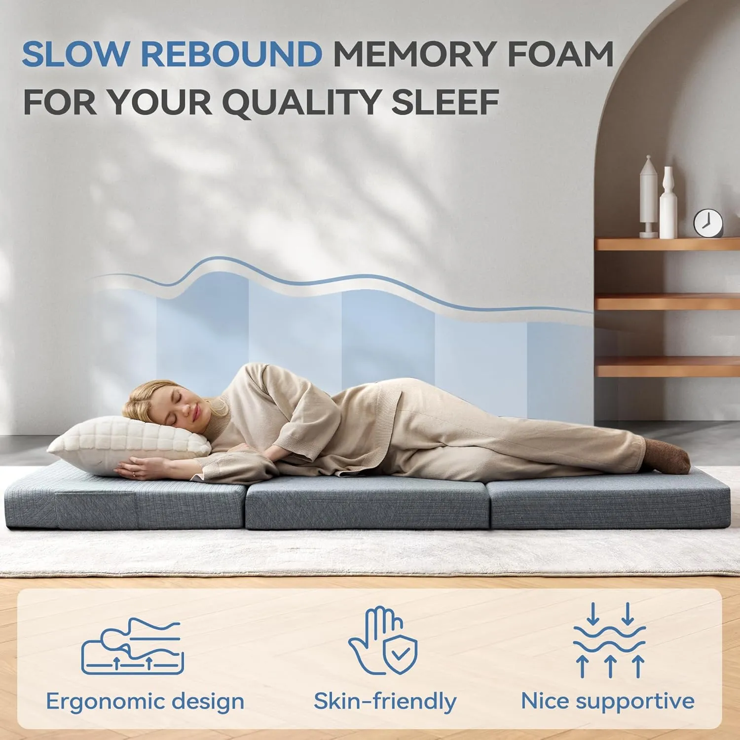 BDEUS Tri-Fold 4" Memory Foam Mattress - Single Size Portable Bed, Foldable Floor Mat for Adults & Kids, Washable CertiPUR-US Certified Cover, Lightweight for Travel/Camping/Yoga