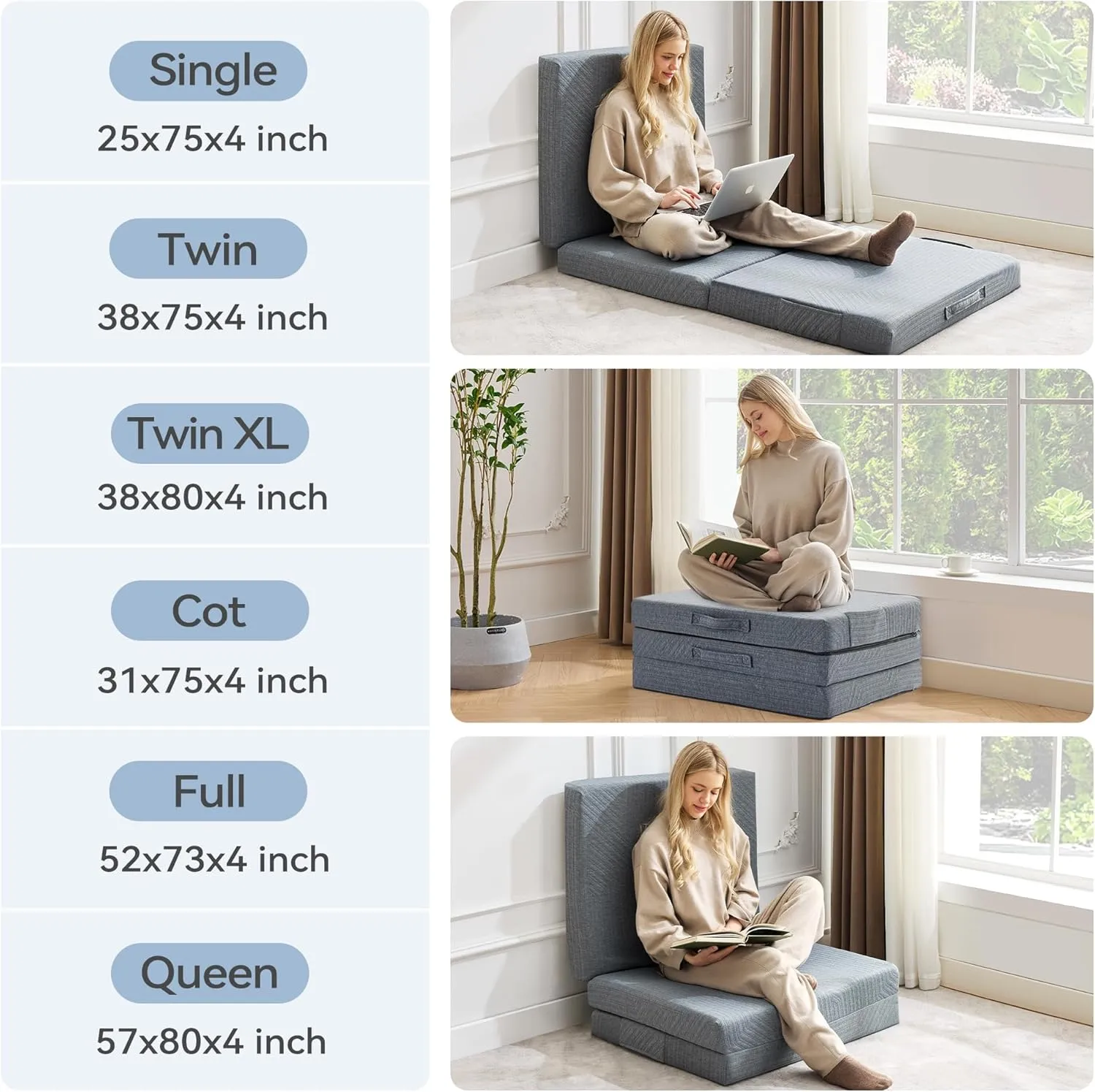 BDEUS Tri-Fold 4" Memory Foam Mattress - Single Size Portable Bed, Foldable Floor Mat for Adults & Kids, Washable CertiPUR-US Certified Cover, Lightweight for Travel/Camping/Yoga