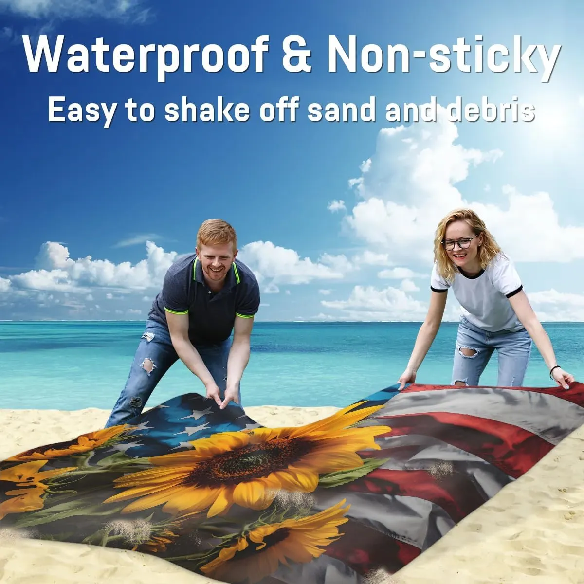 Beach Blanket, 4th of July Sandproof Beach Mat, Waterproof Quick Drying Sand Free Mat with 4 x Ground Spikes for Outdoor Travel Camping Hiking, American Flag Sunflowers 68 x 59 in
