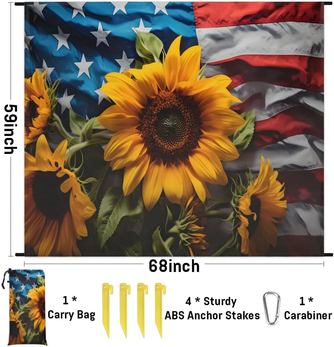 Beach Blanket, 4th of July Sandproof Beach Mat, Waterproof Quick Drying Sand Free Mat with 4 x Ground Spikes for Outdoor Travel Camping Hiking, American Flag Sunflowers 68 x 59 in