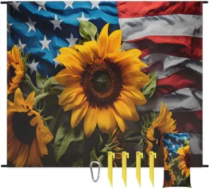 Beach Blanket, 4th of July Sandproof Beach Mat, Waterproof Quick Drying Sand Free Mat with 4 x Ground Spikes for Outdoor Travel Camping Hiking, American Flag Sunflowers 68 x 59 in