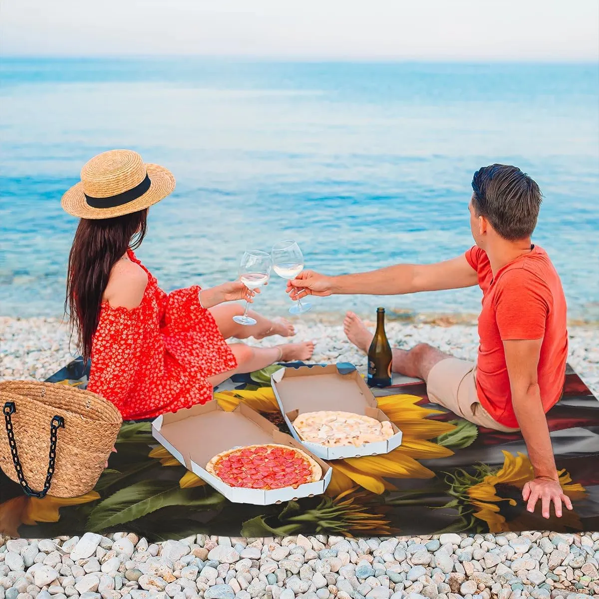 Beach Blanket, 4th of July Sandproof Beach Mat, Waterproof Quick Drying Sand Free Mat with 4 x Ground Spikes for Outdoor Travel Camping Hiking, American Flag Sunflowers 68 x 59 in