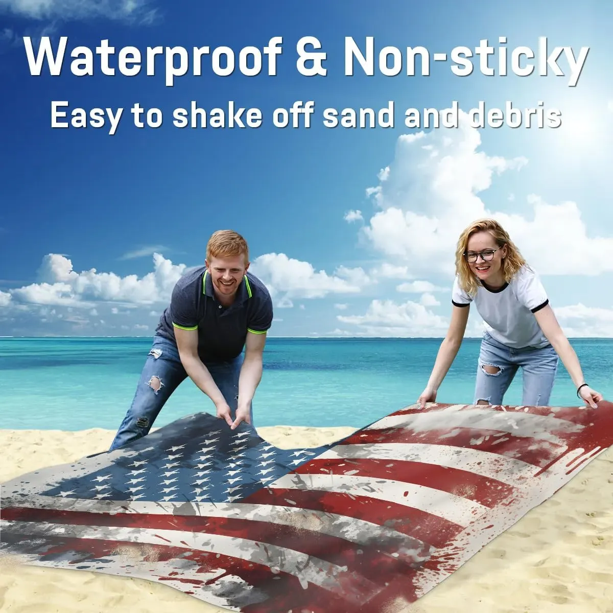 Beach Blanket, 4th of July Sandproof Beach Mat, Waterproof Quick Drying Sand Free Mat with 4 x Ground Spikes for Outdoor Travel Camping Hiking, Memorial Day 68 x 59 in