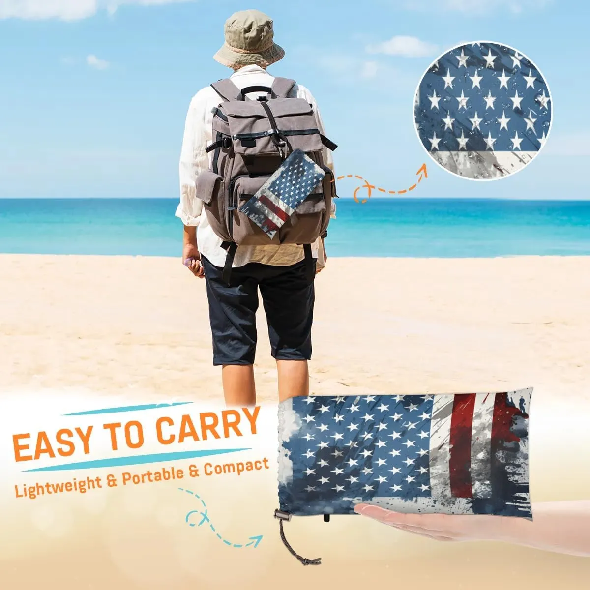Beach Blanket, 4th of July Sandproof Beach Mat, Waterproof Quick Drying Sand Free Mat with 4 x Ground Spikes for Outdoor Travel Camping Hiking, Memorial Day 68 x 59 in