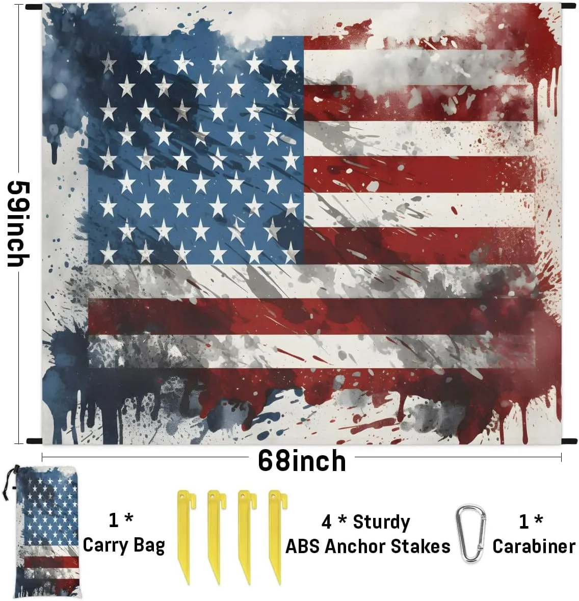 Beach Blanket, 4th of July Sandproof Beach Mat, Waterproof Quick Drying Sand Free Mat with 4 x Ground Spikes for Outdoor Travel Camping Hiking, Memorial Day 68 x 59 in