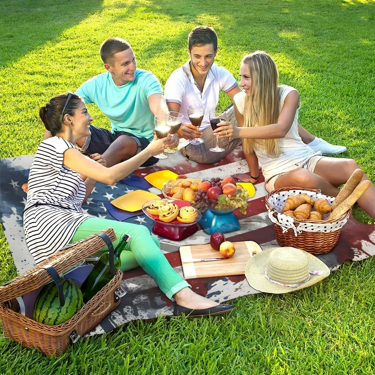 Beach Blanket, 4th of July Sandproof Beach Mat, Waterproof Quick Drying Sand Free Mat with 4 x Ground Spikes for Outdoor Travel Camping Hiking, Memorial Day 68 x 59 in
