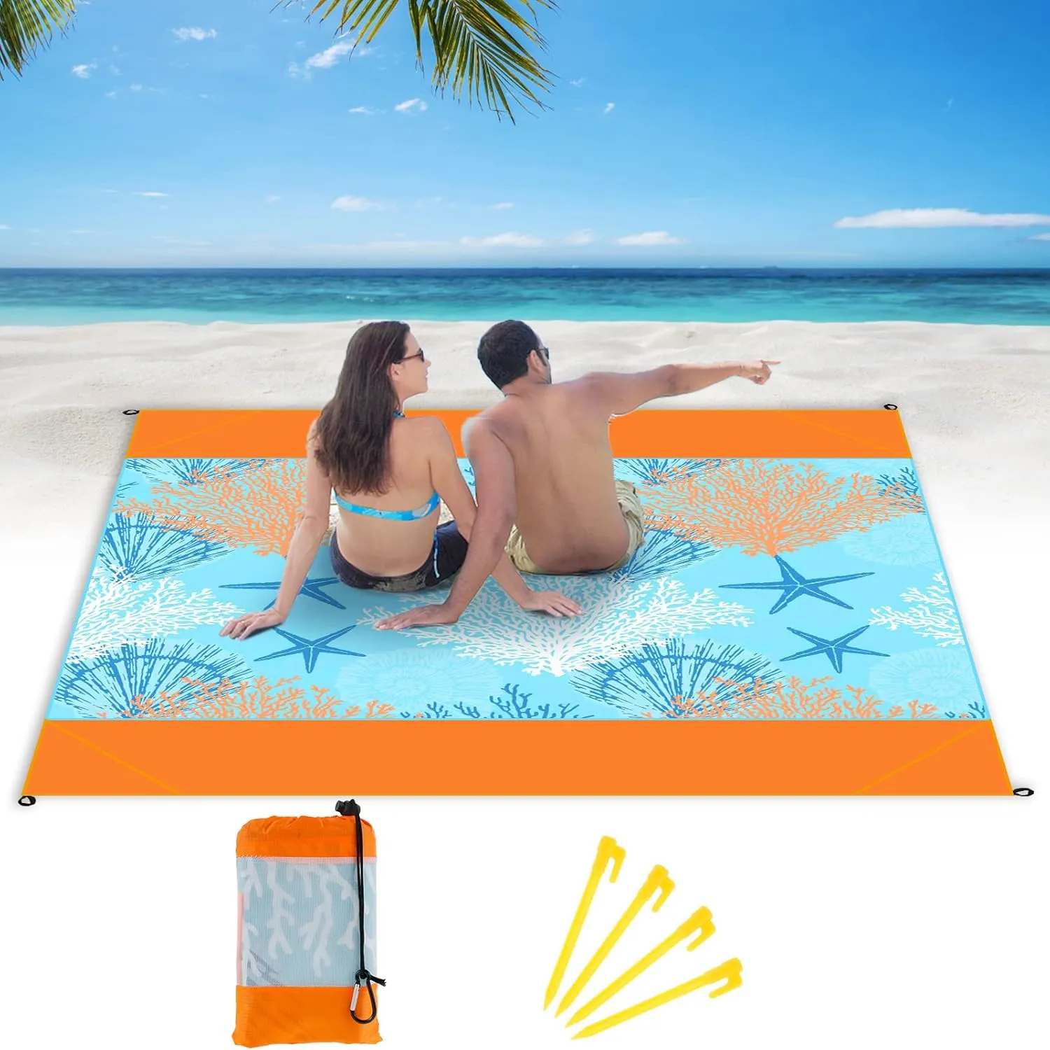 Beach Blanket 79 x 83inch Sandproof Extra Large Beach Mat for 4-7 Adults Waterproof Quick Drying Picnic Mat with Pocket and Ground Stakes Lightweight Beach Mat for Travel Camping Hiking(Seago 2)