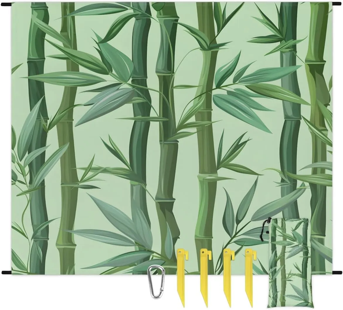 Beach Blanket, Bamboo Sandproof Beach Mat, Waterproof Quick Drying Sand Free Mat with 4 x Ground Spikes for Outdoor Travel Camping Hiking, Green Bamboo Forest Tree Japanese 68 x 59 in