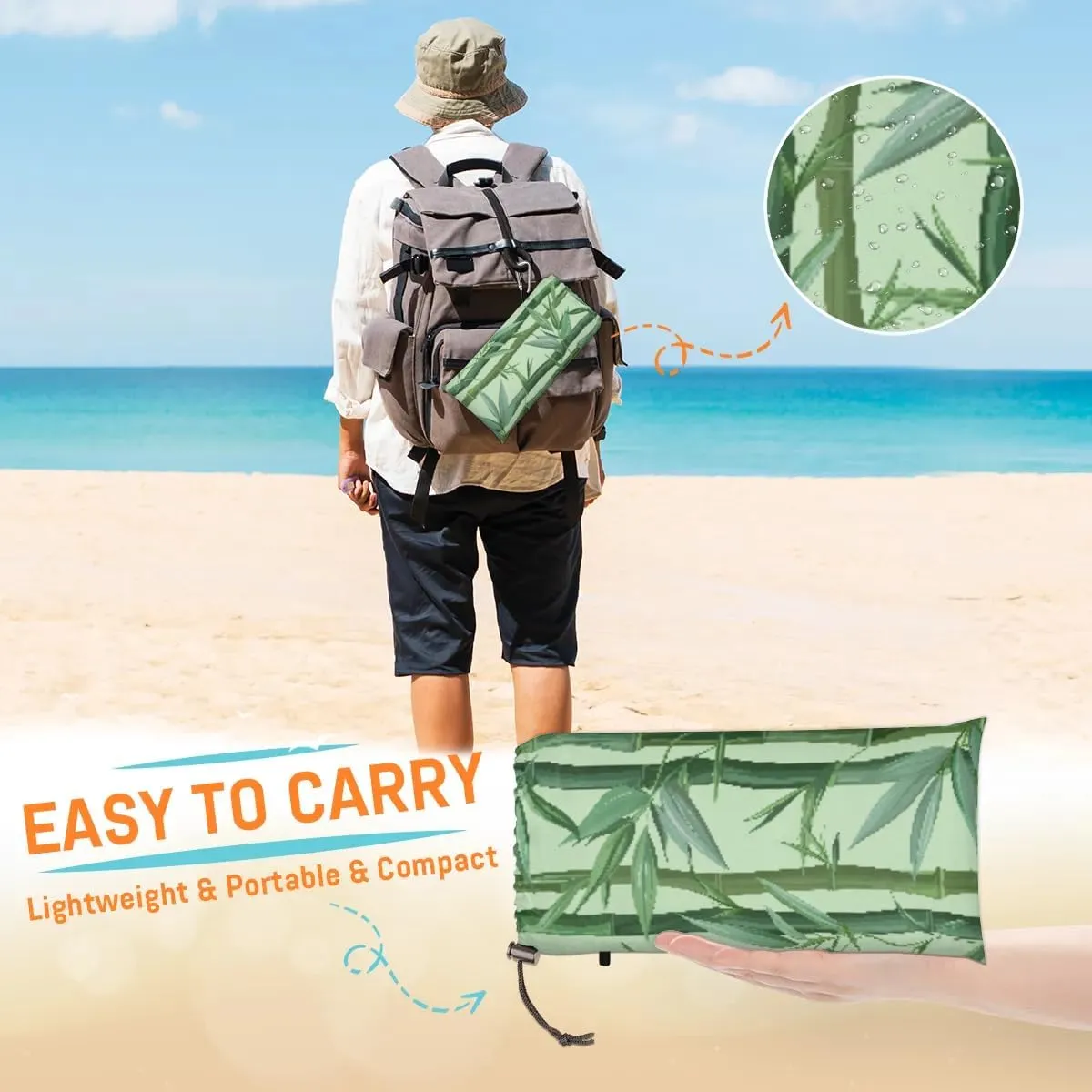 Beach Blanket, Bamboo Sandproof Beach Mat, Waterproof Quick Drying Sand Free Mat with 4 x Ground Spikes for Outdoor Travel Camping Hiking, Green Bamboo Forest Tree Japanese 68 x 59 in