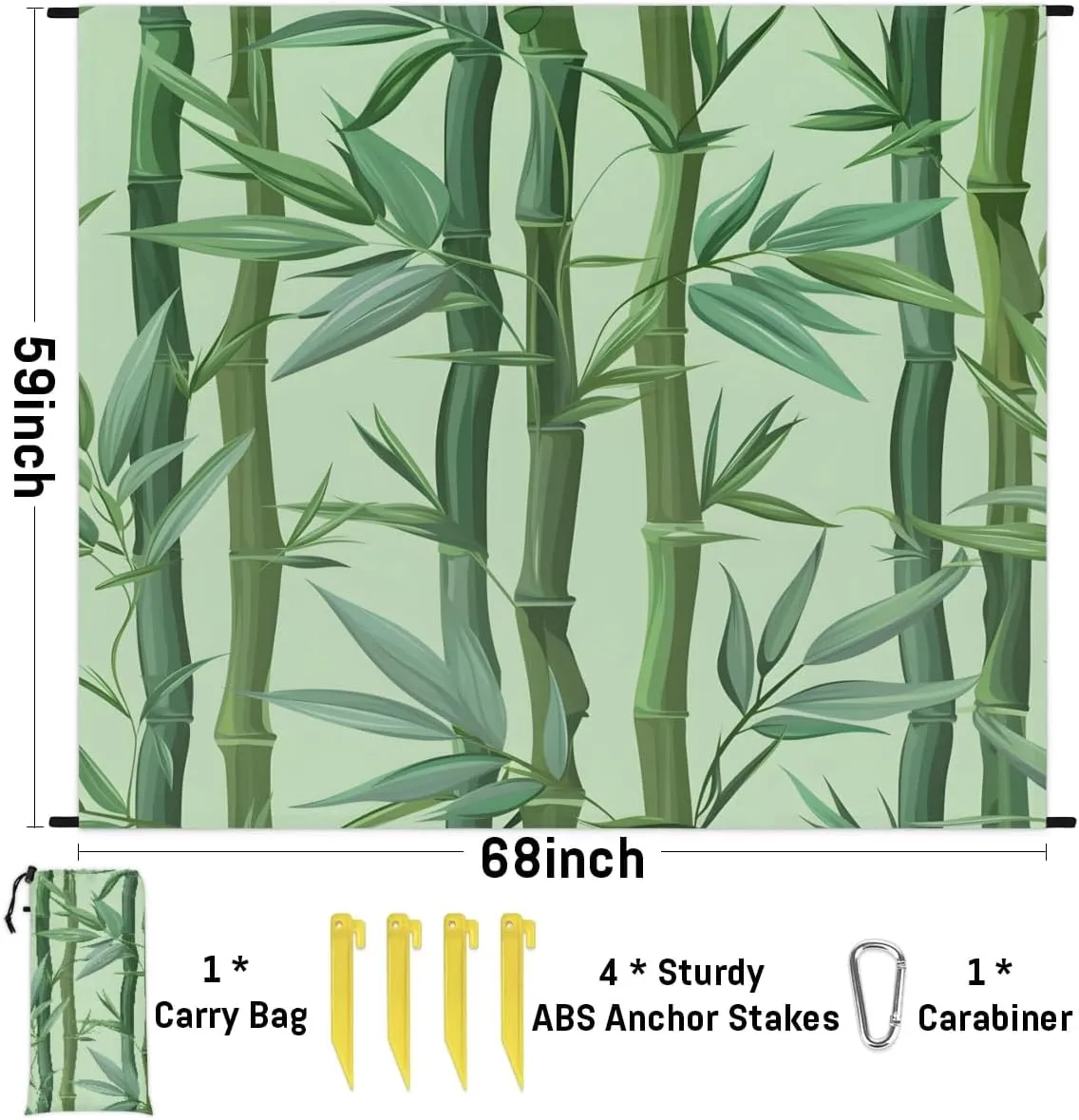 Beach Blanket, Bamboo Sandproof Beach Mat, Waterproof Quick Drying Sand Free Mat with 4 x Ground Spikes for Outdoor Travel Camping Hiking, Green Bamboo Forest Tree Japanese 68 x 59 in