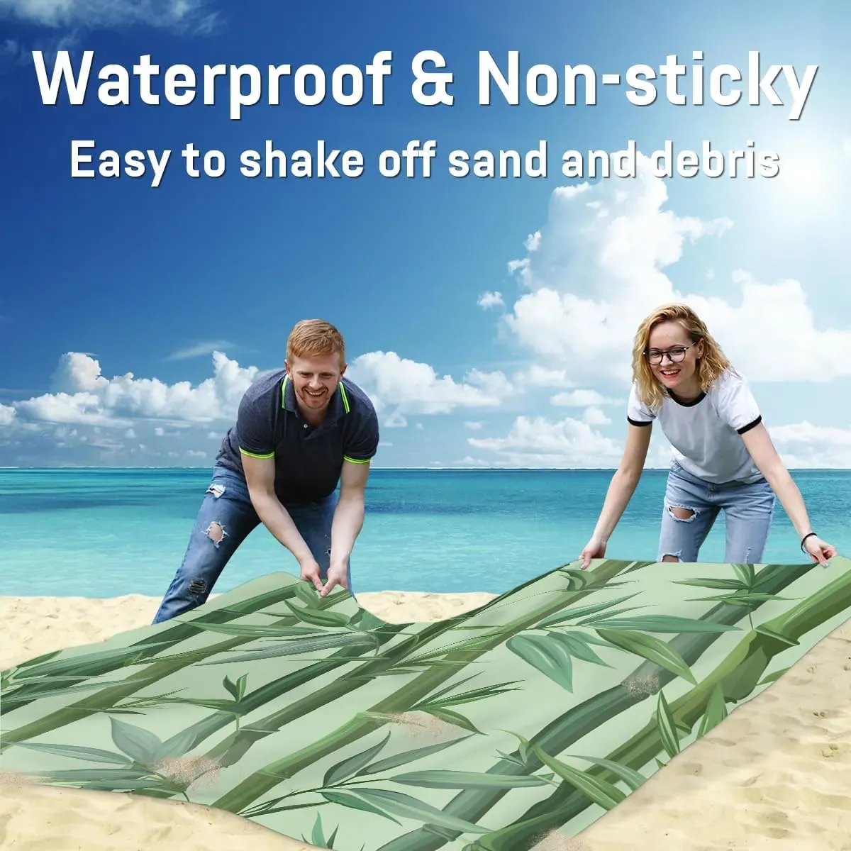 Beach Blanket, Bamboo Sandproof Beach Mat, Waterproof Quick Drying Sand Free Mat with 4 x Ground Spikes for Outdoor Travel Camping Hiking, Green Bamboo Forest Tree Japanese 68 x 59 in