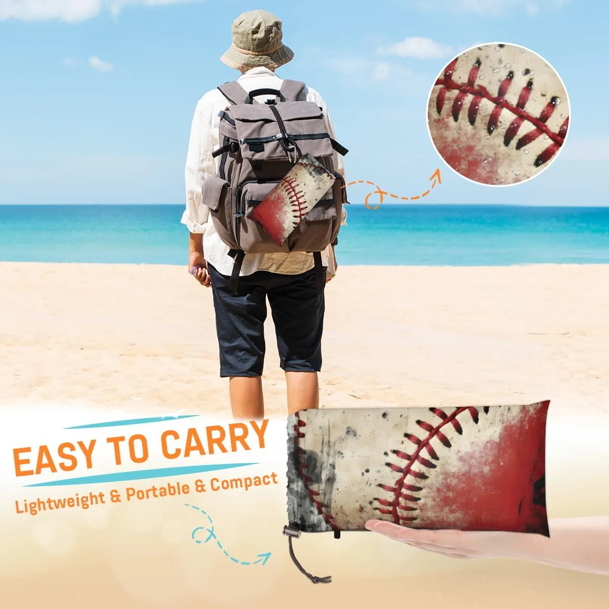 Beach Blanket, Baseball Texture Sandproof Beach Mat, Waterproof Quick Drying Sand Free Mat with 4 x Ground Spikes for Outdoor Travel Camping Hiking, Vintage Baseball 68 x 59 in