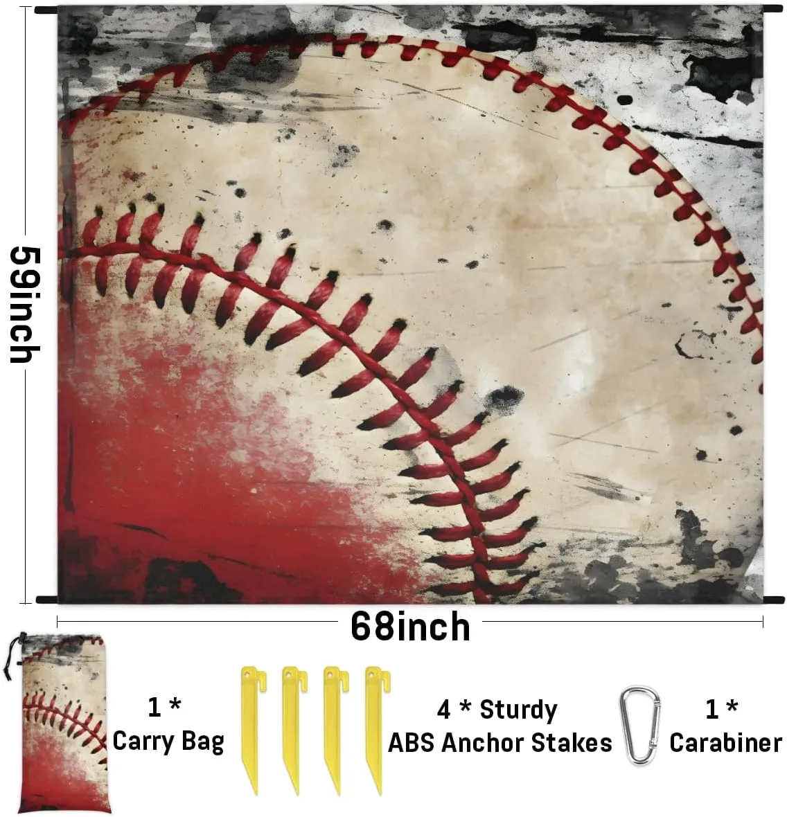 Beach Blanket, Baseball Texture Sandproof Beach Mat, Waterproof Quick Drying Sand Free Mat with 4 x Ground Spikes for Outdoor Travel Camping Hiking, Vintage Baseball 68 x 59 in