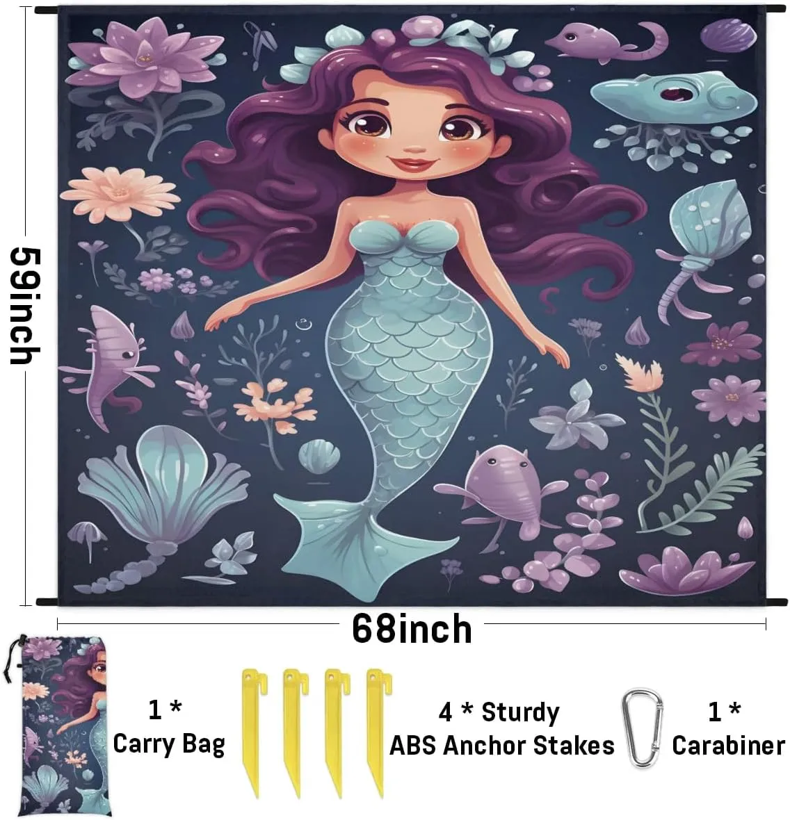 Beach Blanket, Blue Mermaid Sandproof Beach Mat, Waterproof Quick Drying Sand Free Mat with 4 x Ground Spikes for Outdoor Travel Camping Hiking, Cartoon Mermaid 68 x 59 in