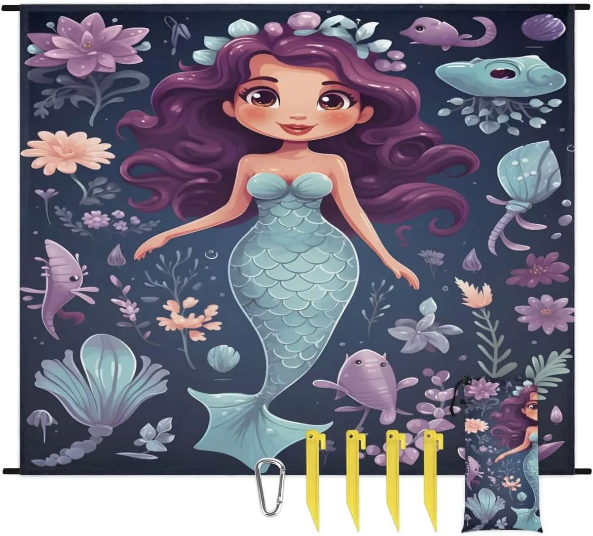 Beach Blanket, Blue Mermaid Sandproof Beach Mat, Waterproof Quick Drying Sand Free Mat with 4 x Ground Spikes for Outdoor Travel Camping Hiking, Cartoon Mermaid 68 x 59 in