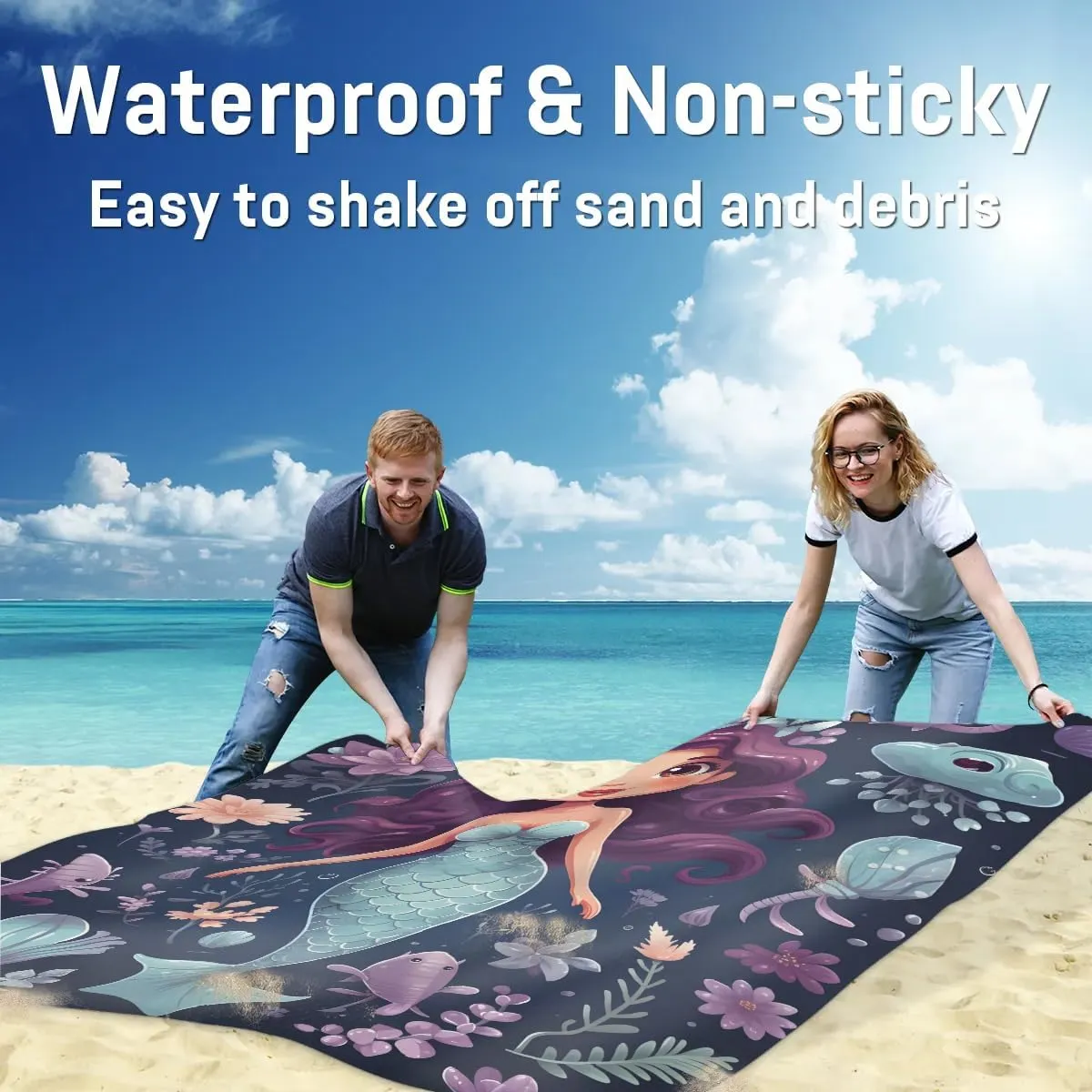 Beach Blanket, Blue Mermaid Sandproof Beach Mat, Waterproof Quick Drying Sand Free Mat with 4 x Ground Spikes for Outdoor Travel Camping Hiking, Cartoon Mermaid 68 x 59 in