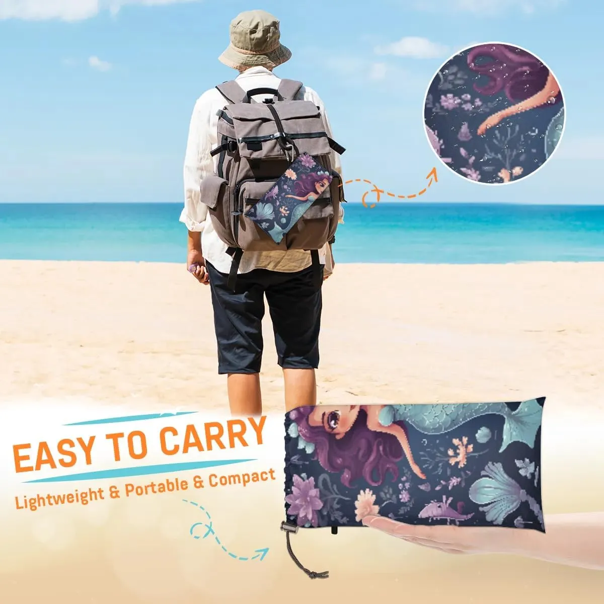Beach Blanket, Blue Mermaid Sandproof Beach Mat, Waterproof Quick Drying Sand Free Mat with 4 x Ground Spikes for Outdoor Travel Camping Hiking, Cartoon Mermaid 68 x 59 in