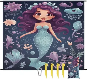 Beach Blanket, Blue Mermaid Sandproof Beach Mat, Waterproof Quick Drying Sand Free Mat with 4 x Ground Spikes for Outdoor Travel Camping Hiking, Cartoon Mermaid 68 x 59 in