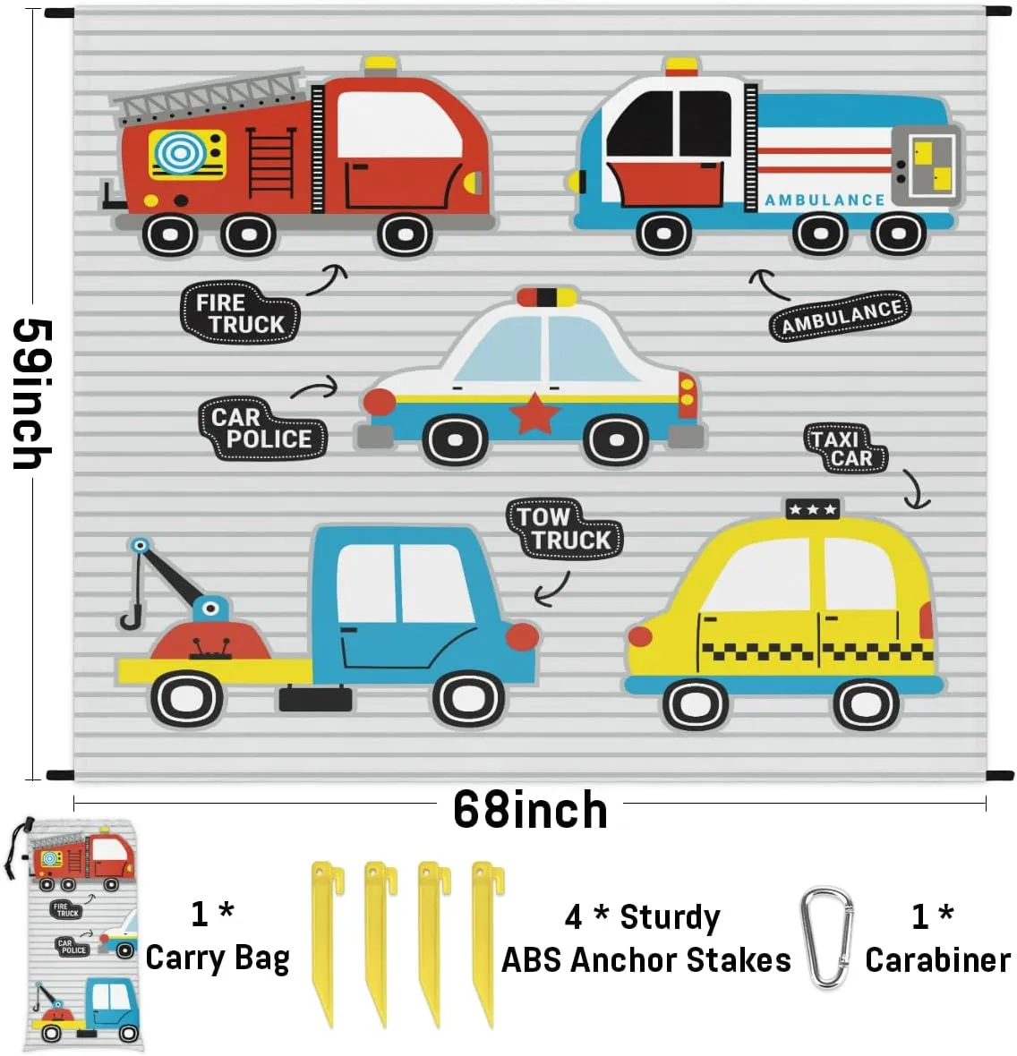 Beach Blanket, Cartoon Car Sandproof Beach Mat, Waterproof Quick Drying Sand Free Mat with 4 x Ground Spikes for Outdoor Travel Camping Hiking, Cartoon Transportation Car 68 x 59 in