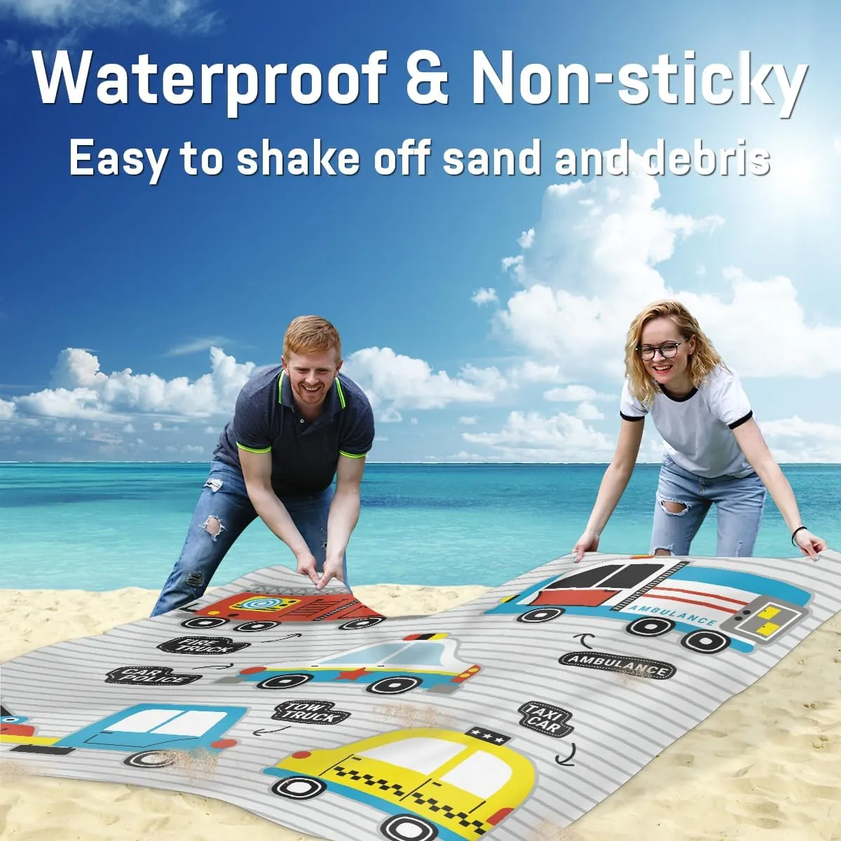 Beach Blanket, Cartoon Car Sandproof Beach Mat, Waterproof Quick Drying Sand Free Mat with 4 x Ground Spikes for Outdoor Travel Camping Hiking, Cartoon Transportation Car 68 x 59 in