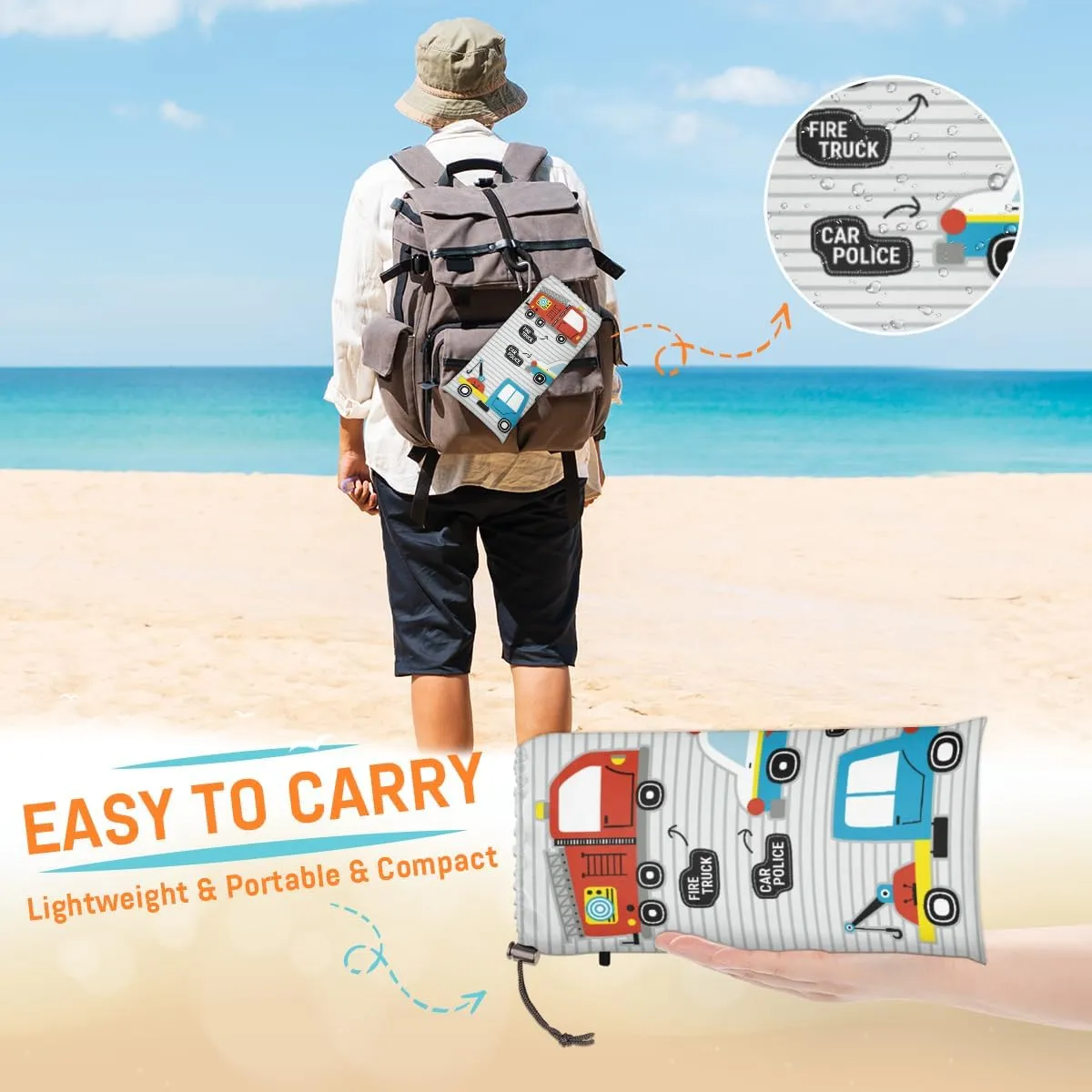 Beach Blanket, Cartoon Car Sandproof Beach Mat, Waterproof Quick Drying Sand Free Mat with 4 x Ground Spikes for Outdoor Travel Camping Hiking, Cartoon Transportation Car 68 x 59 in