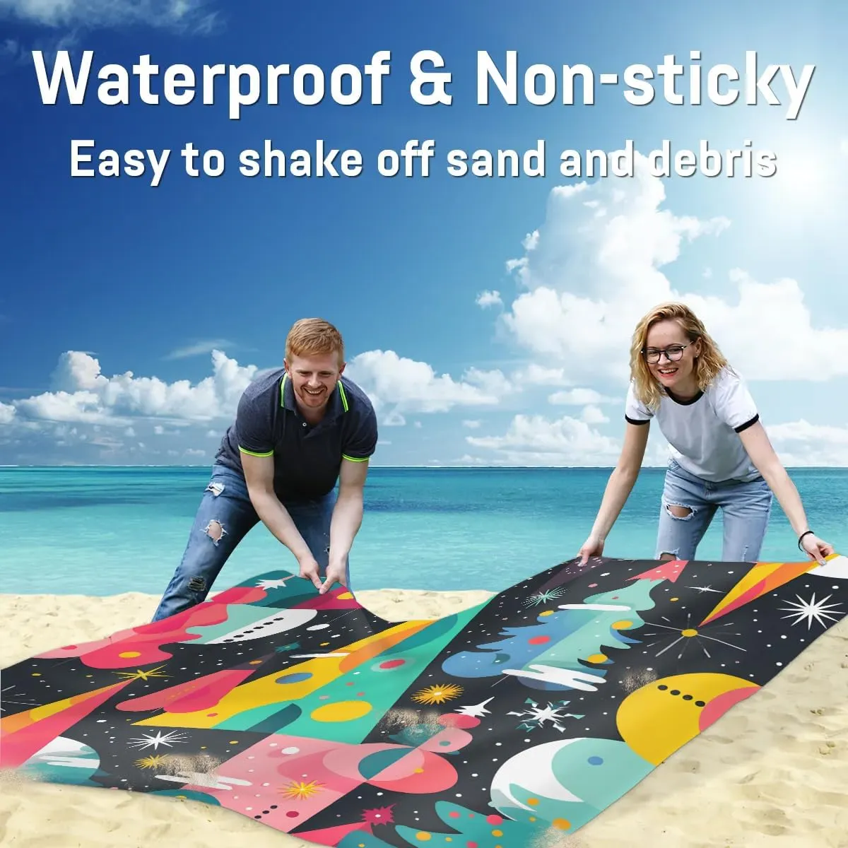 Beach Blanket, Christmas Day Sandproof Beach Mat, Waterproof Quick Drying Sand Free Mat with 4 x Ground Spikes for Outdoor Travel Camping Hiking, Winter Forest 68 x 59 in