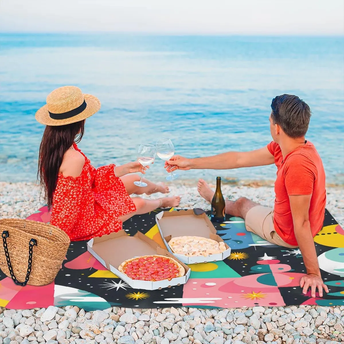 Beach Blanket, Christmas Day Sandproof Beach Mat, Waterproof Quick Drying Sand Free Mat with 4 x Ground Spikes for Outdoor Travel Camping Hiking, Winter Forest 68 x 59 in