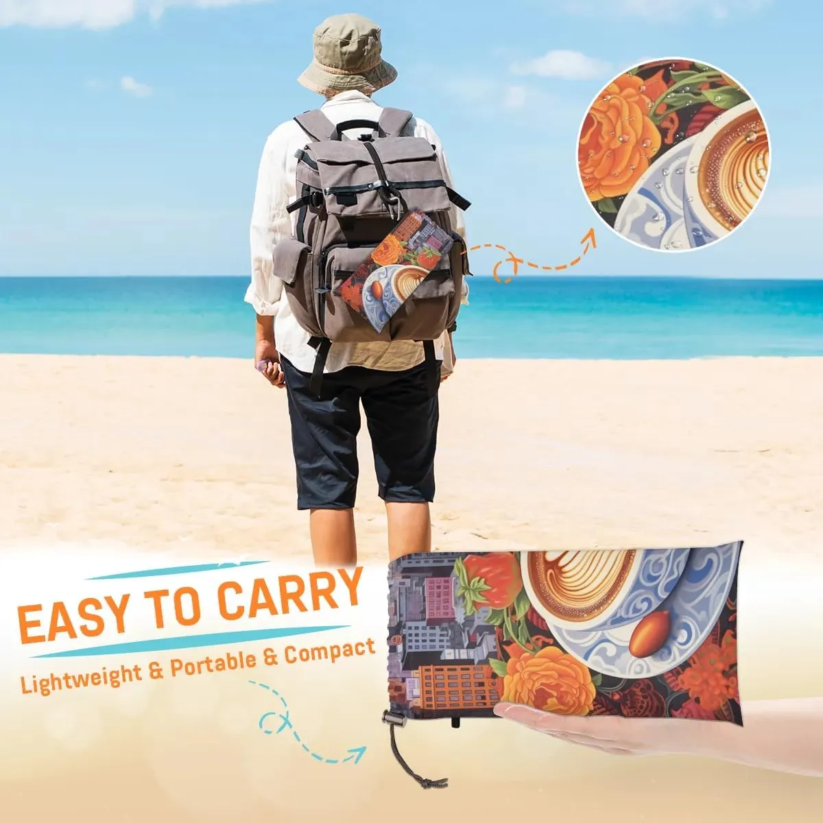 Beach Blanket, Coffee Sandproof Beach Mat, Waterproof Quick Drying Sand Free Mat with 4 x Ground Spikes for Outdoor Travel Camping Hiking, Rose 68 x 59 in