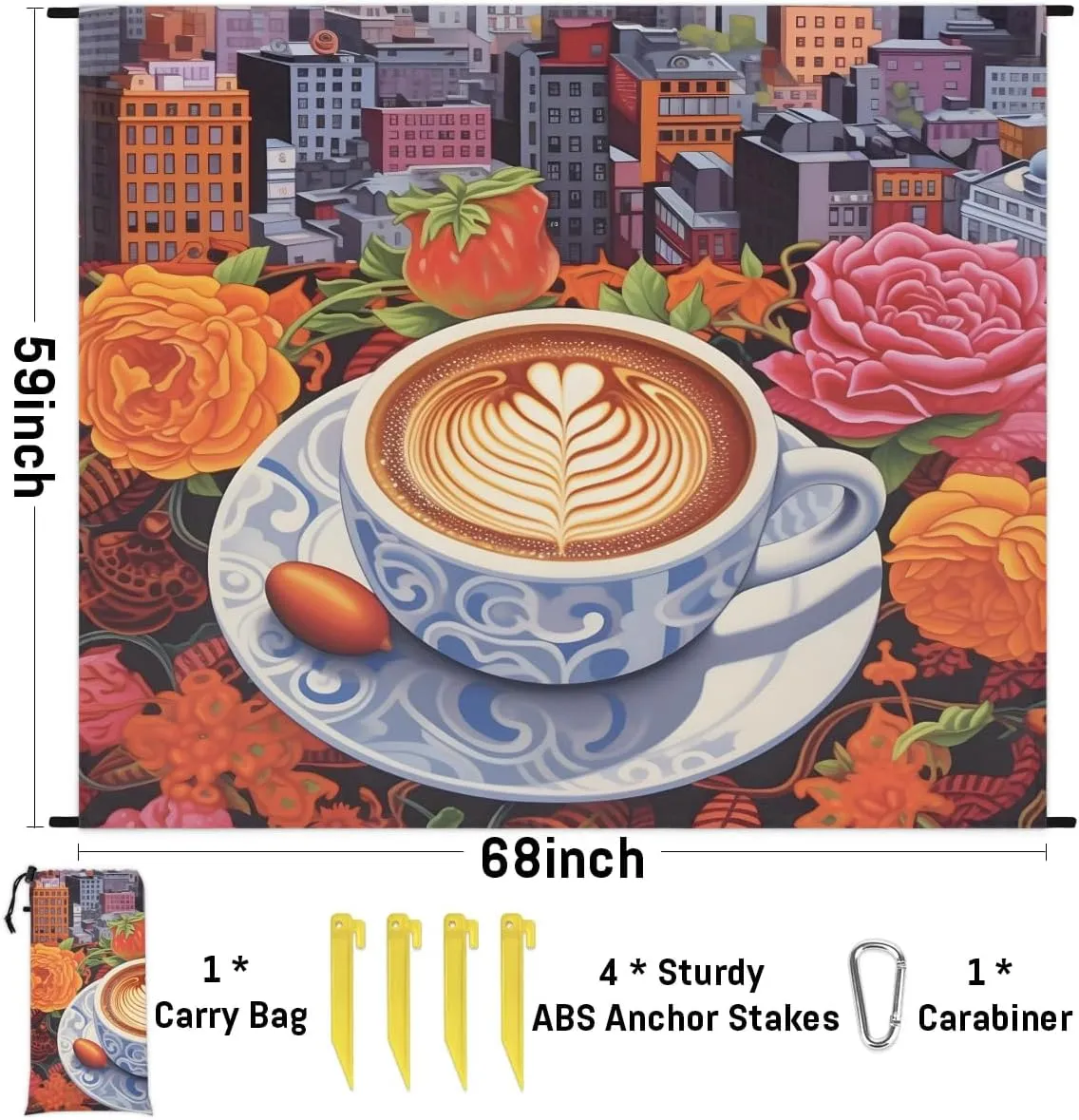 Beach Blanket, Coffee Sandproof Beach Mat, Waterproof Quick Drying Sand Free Mat with 4 x Ground Spikes for Outdoor Travel Camping Hiking, Rose 68 x 59 in