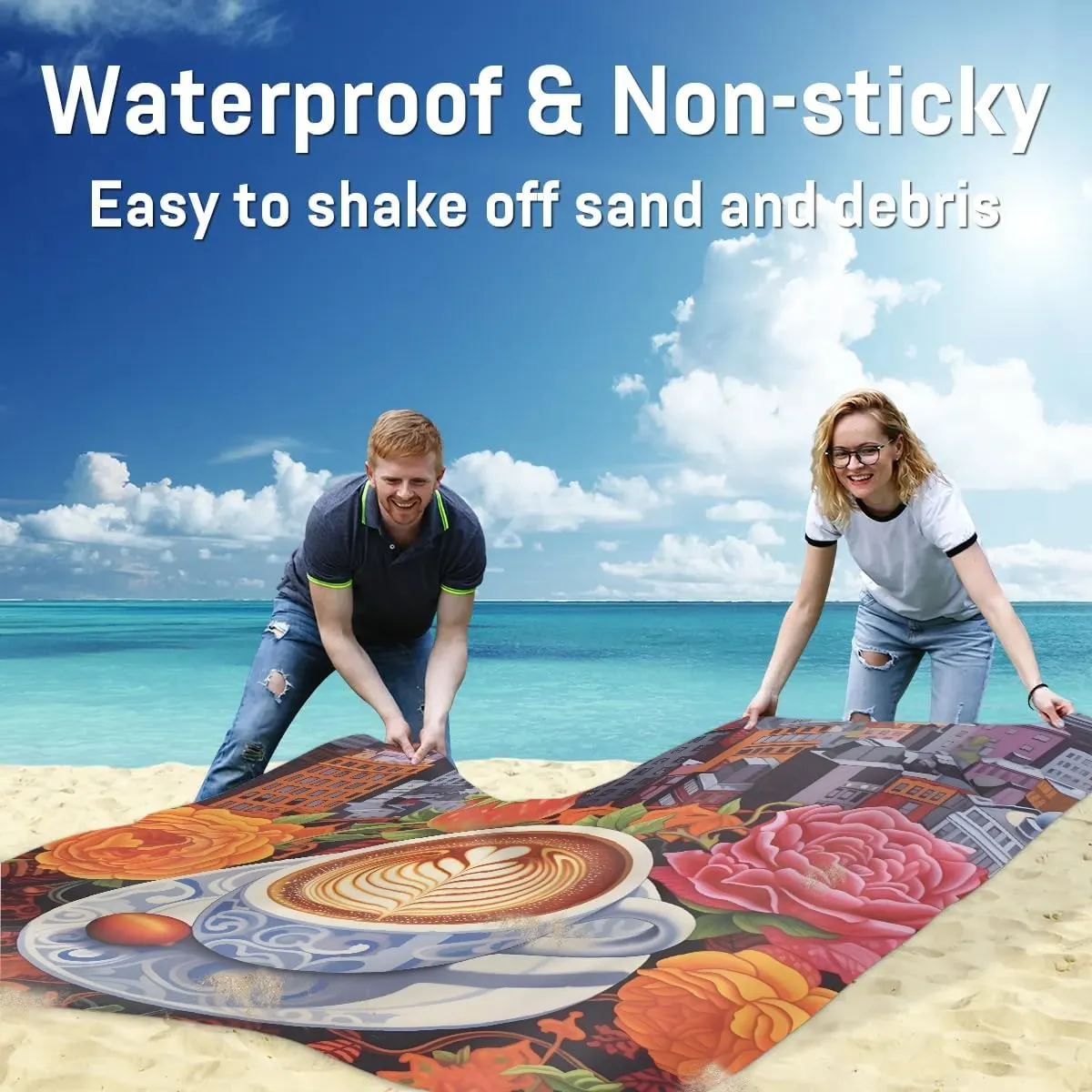 Beach Blanket, Coffee Sandproof Beach Mat, Waterproof Quick Drying Sand Free Mat with 4 x Ground Spikes for Outdoor Travel Camping Hiking, Rose 68 x 59 in