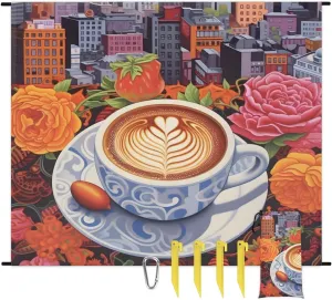 Beach Blanket, Coffee Sandproof Beach Mat, Waterproof Quick Drying Sand Free Mat with 4 x Ground Spikes for Outdoor Travel Camping Hiking, Rose 68 x 59 in