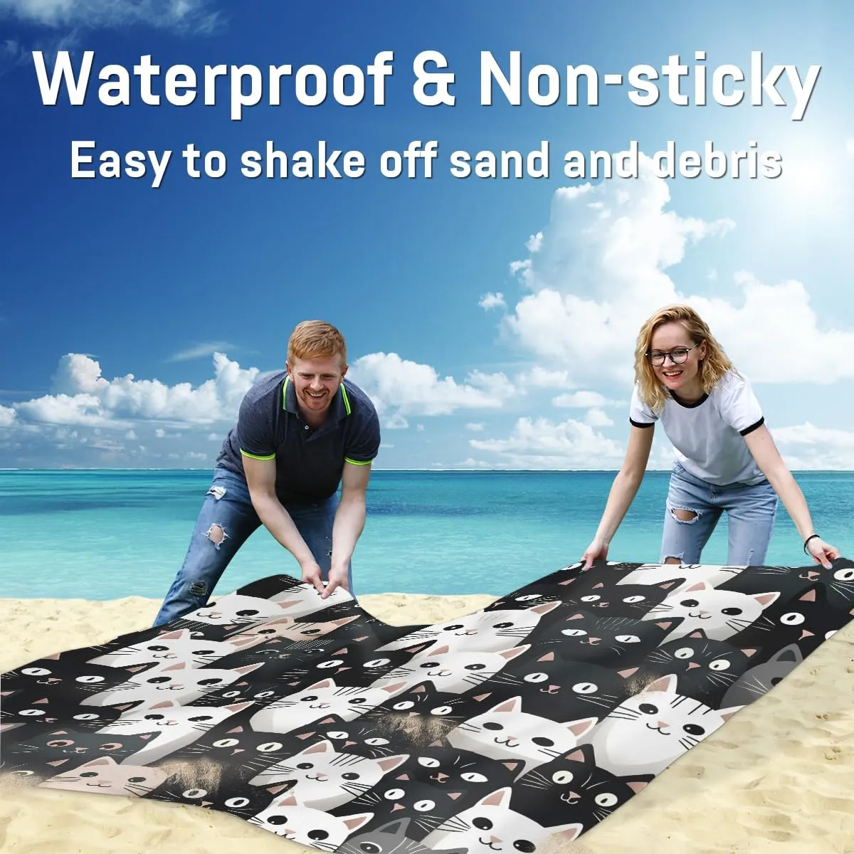 Beach Blanket, Cute Cat Sandproof Beach Mat, Waterproof Quick Drying Sand Free Mat with 4 x Ground Spikes for Outdoor Travel Camping Hiking, Cat Theme 68 x 59 in