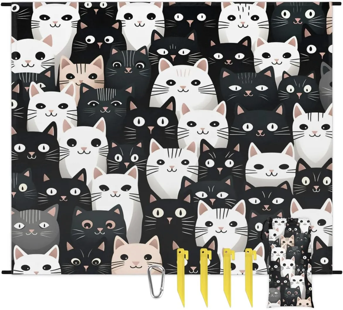 Beach Blanket, Cute Cat Sandproof Beach Mat, Waterproof Quick Drying Sand Free Mat with 4 x Ground Spikes for Outdoor Travel Camping Hiking, Cat Theme 68 x 59 in