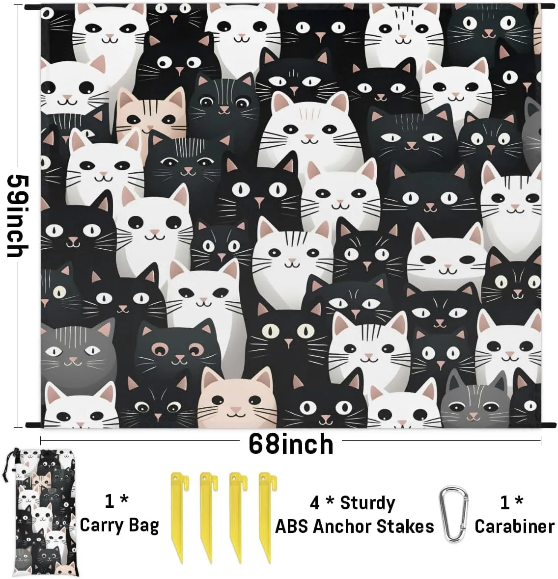 Beach Blanket, Cute Cat Sandproof Beach Mat, Waterproof Quick Drying Sand Free Mat with 4 x Ground Spikes for Outdoor Travel Camping Hiking, Cat Theme 68 x 59 in