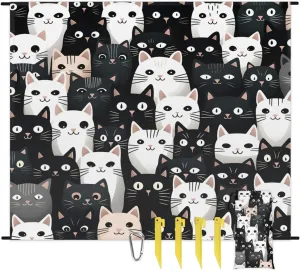 Beach Blanket, Cute Cat Sandproof Beach Mat, Waterproof Quick Drying Sand Free Mat with 4 x Ground Spikes for Outdoor Travel Camping Hiking, Cat Theme 68 x 59 in
