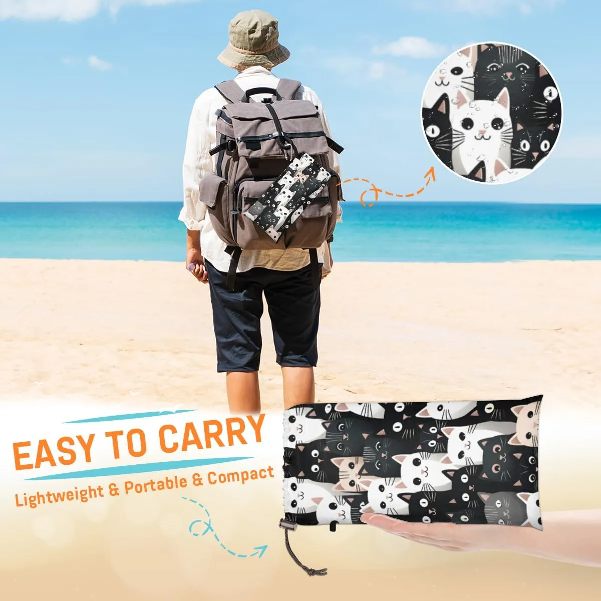 Beach Blanket, Cute Cat Sandproof Beach Mat, Waterproof Quick Drying Sand Free Mat with 4 x Ground Spikes for Outdoor Travel Camping Hiking, Cat Theme 68 x 59 in
