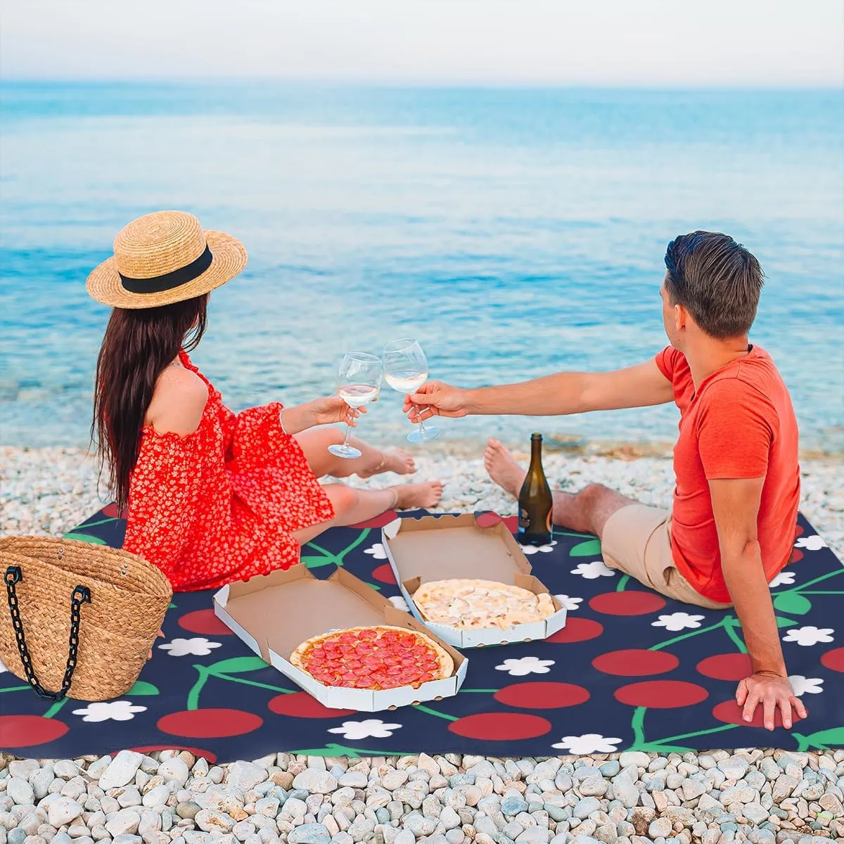 Beach Blanket, Cute Cherry Sandproof Beach Mat, Waterproof Quick Drying Sand Free Mat with 4 x Ground Spikes for Outdoor Travel Camping Hiking, Fruit 68 x 59 in