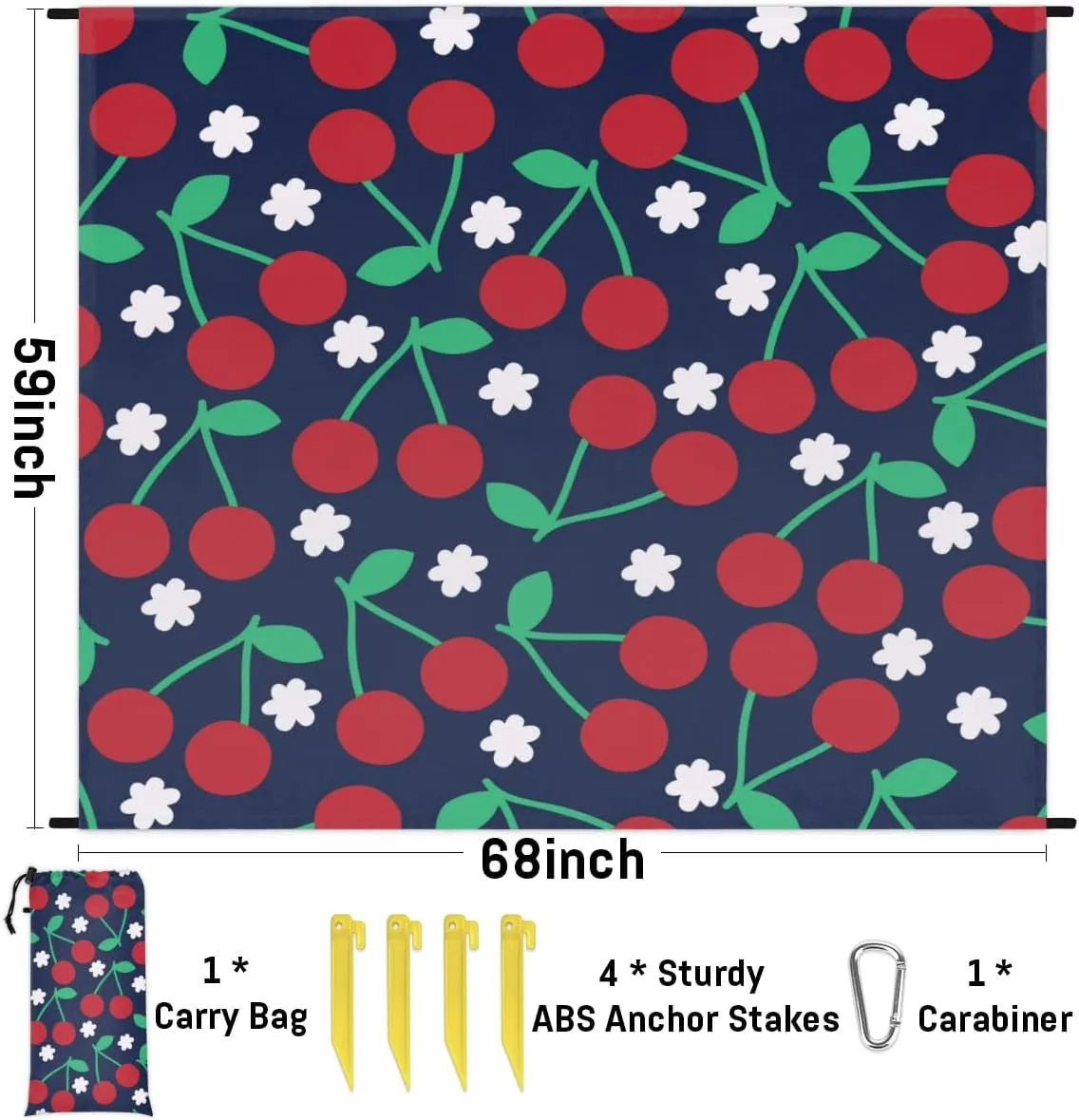 Beach Blanket, Cute Cherry Sandproof Beach Mat, Waterproof Quick Drying Sand Free Mat with 4 x Ground Spikes for Outdoor Travel Camping Hiking, Fruit 68 x 59 in
