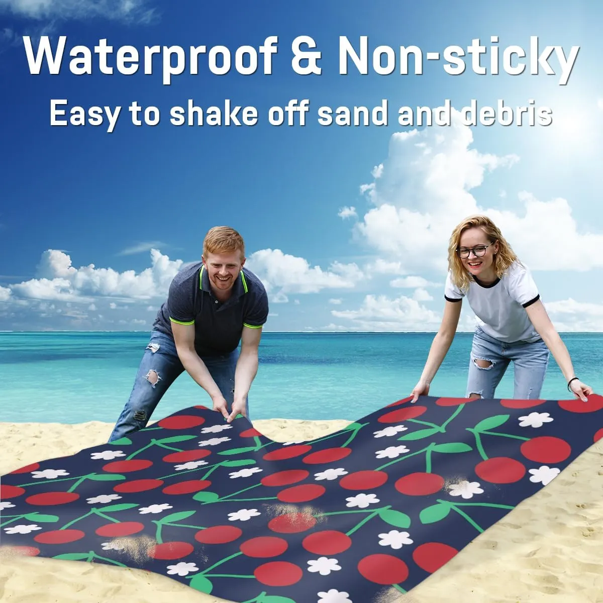 Beach Blanket, Cute Cherry Sandproof Beach Mat, Waterproof Quick Drying Sand Free Mat with 4 x Ground Spikes for Outdoor Travel Camping Hiking, Fruit 68 x 59 in